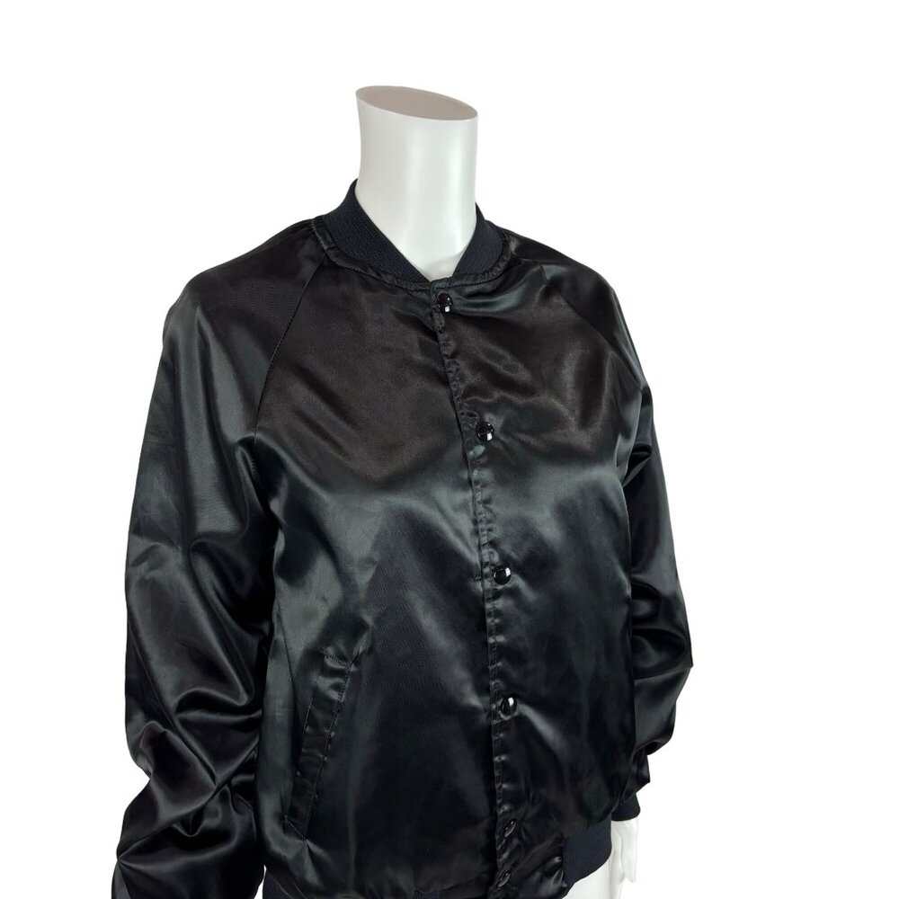 Vintage 80s Satin Bomber Women's Small Grandma VI Lettered Black Button Up Jacke - Picture 11 of 11